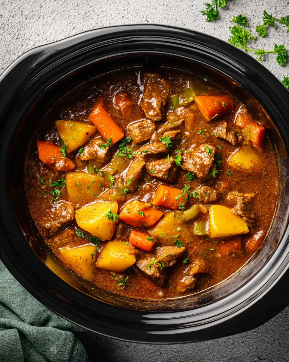 Delicious cozy slow cooker beef stew with vegetables in a bowl
