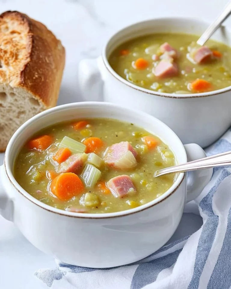 Bowl of cozy split pea soup garnished with herbs and served with crusty bread