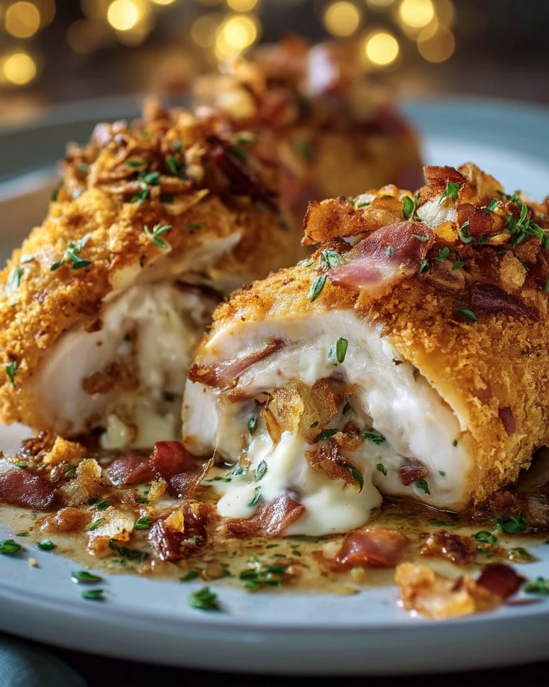 Cream Cheese Bacon Doritos Chicken dish served on a plate with garnish