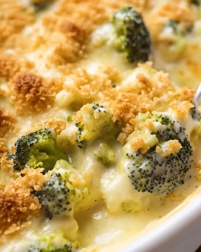 A delicious creamy broccoli casserole served in a dish.