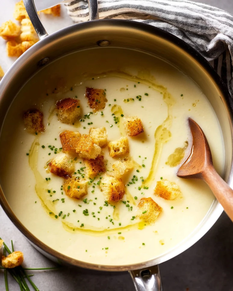 Bowl of creamy celeriac soup garnished with herbs