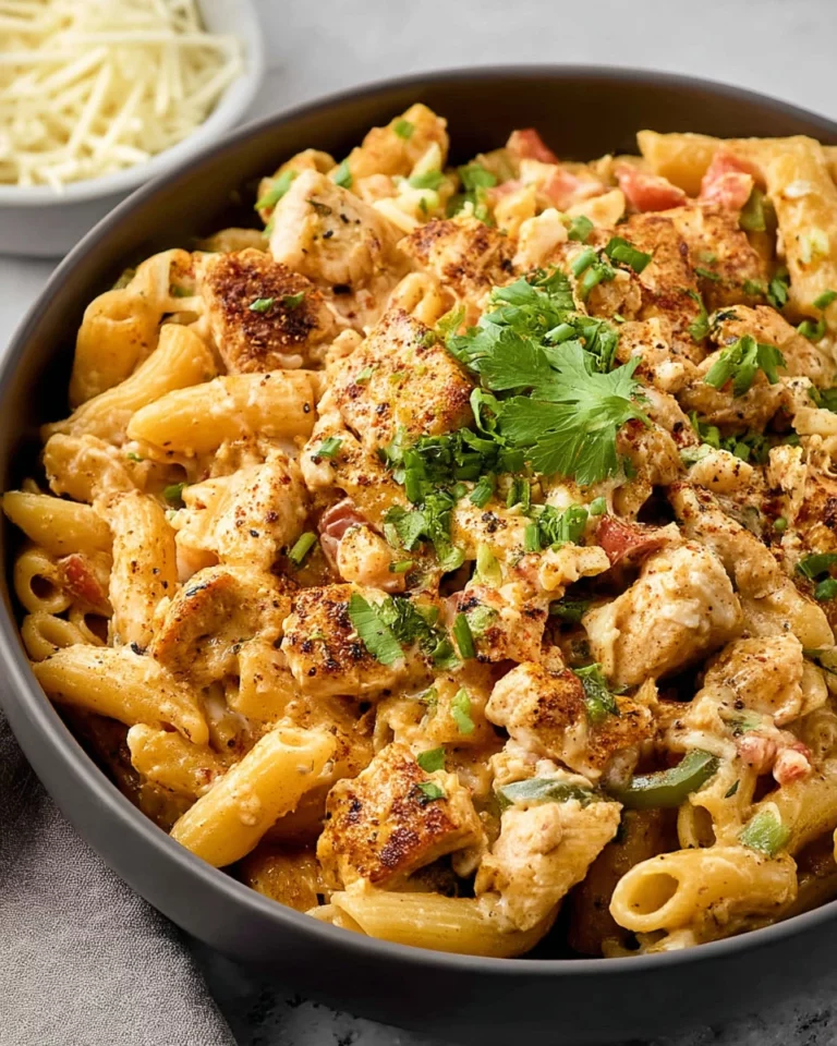 Creamy chicken fajita pasta served in a bowl, garnished with fresh herbs