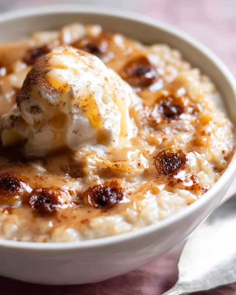 Bowl of creamy cinnamon rice pudding topped with a sprinkle of cinnamon