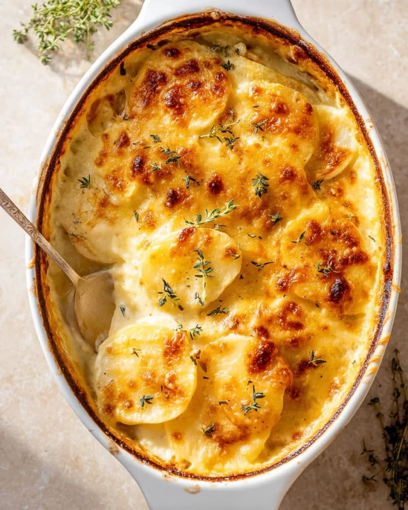 Delicious creamy gratin potatoes served in a baking dish.