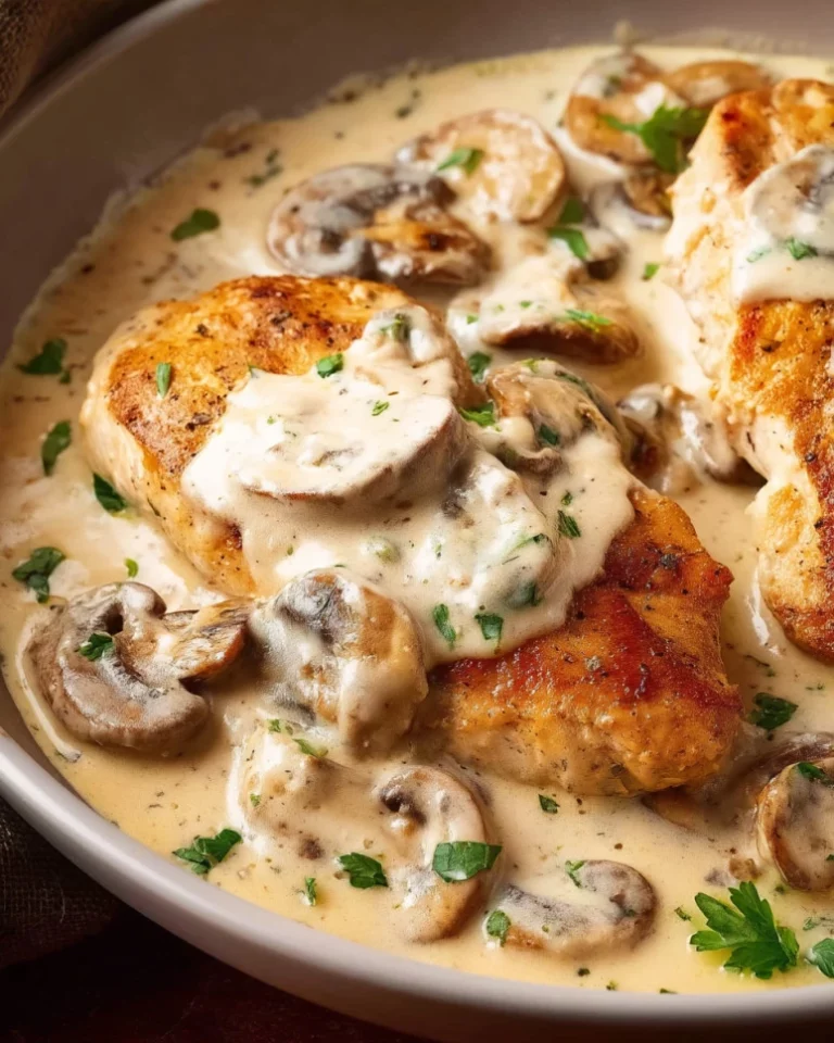 Creamy mushroom chicken dish garnished with herbs on a plate