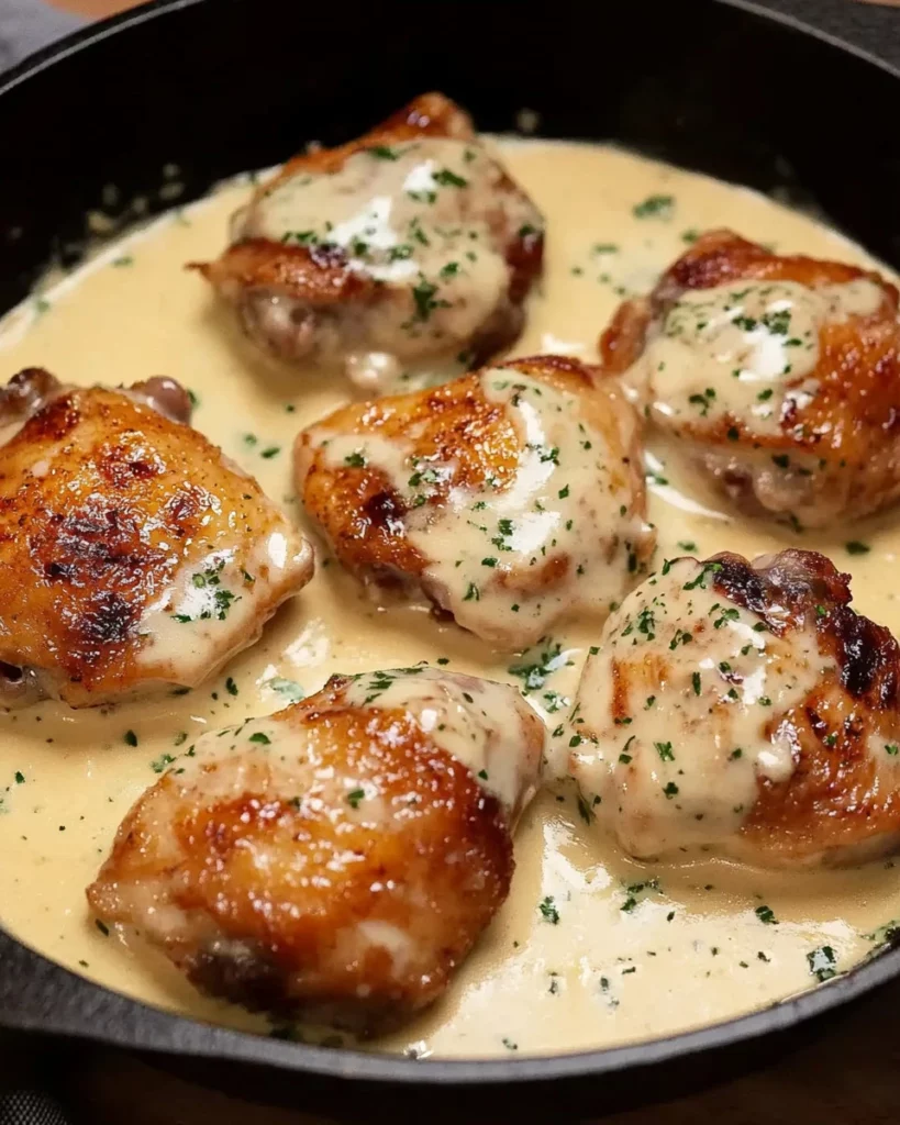 Creamy mustard chicken served on a plate with herbs and vegetables