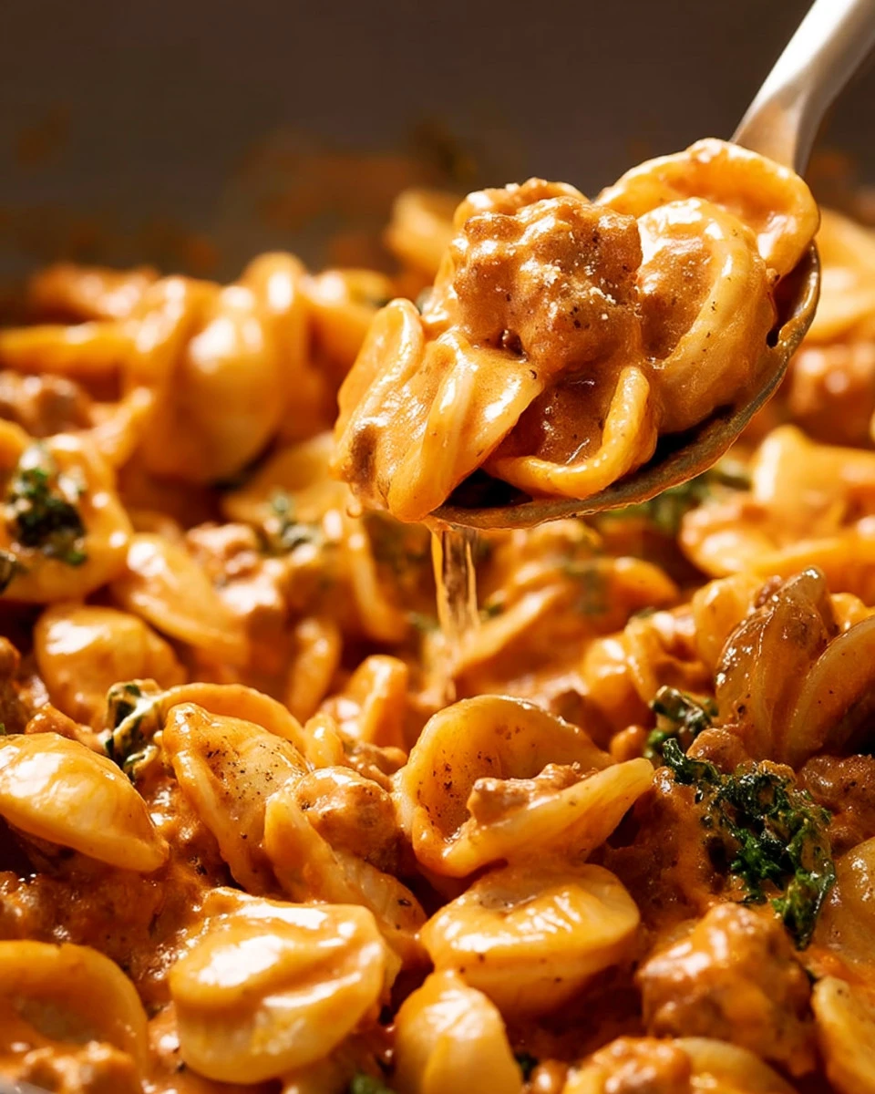 Creamy orecchiette pasta with sausage in a delicious sauce