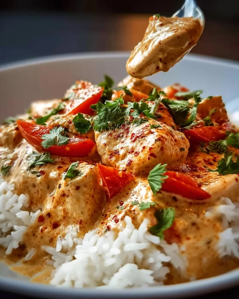 Creamy paprika chicken served with rice in a velvety sauce.