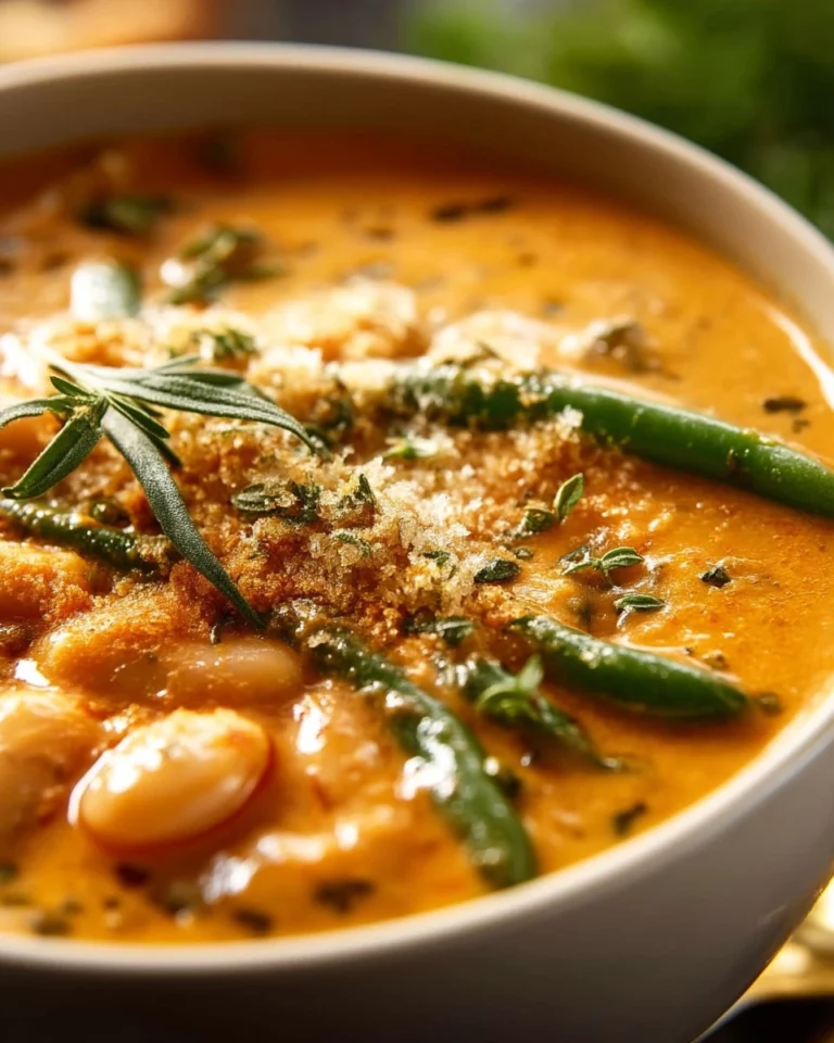 A bowl of creamy tomato bean soup garnished with herbs and served with crusty bread.