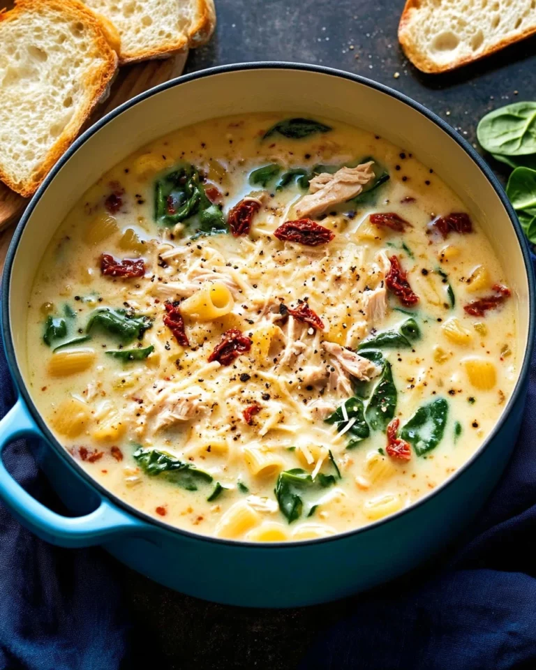 Delicious creamy Tuscan chicken soup served in a bowl with fresh herbs.
