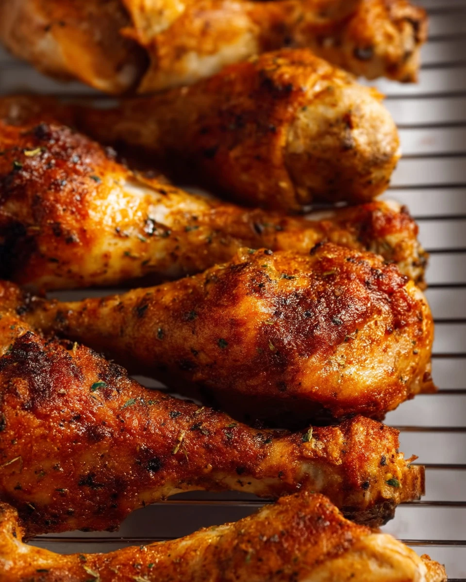 Crispy baked chicken drumsticks plated with herbs and spices