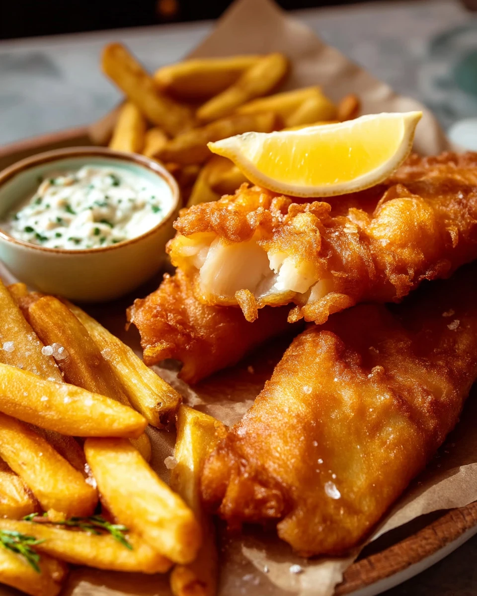 Crispy beer battered fish served with a side of tartar sauce and lemon wedges.