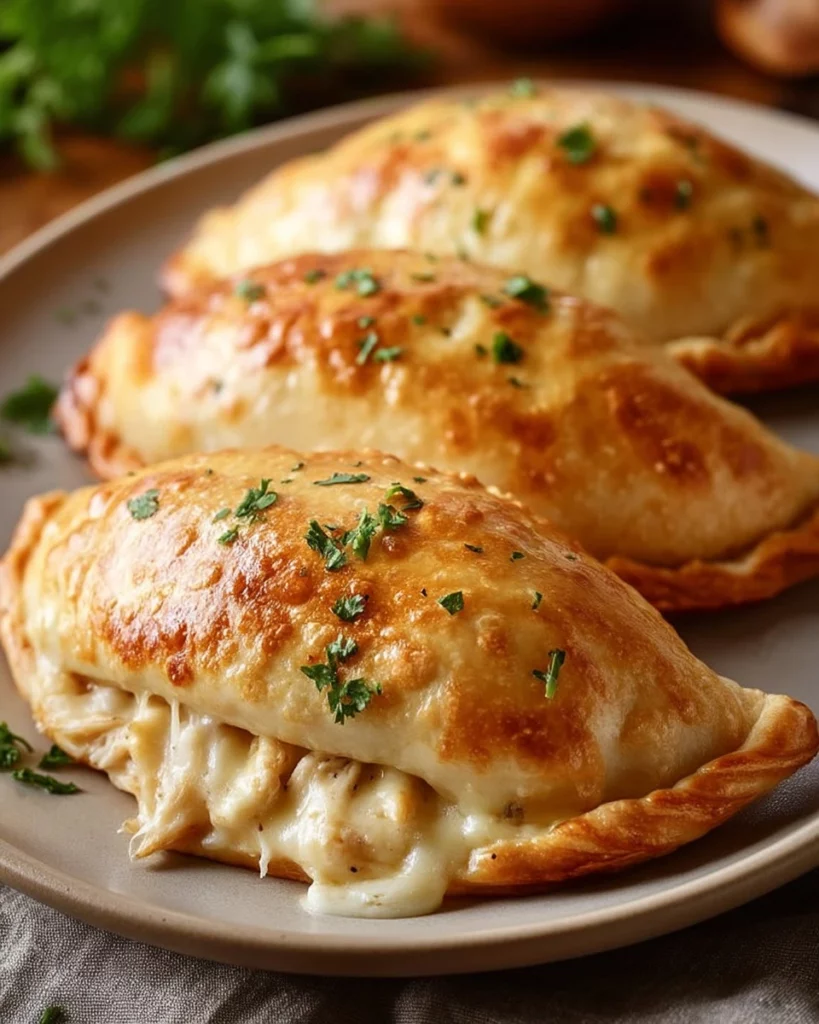 Crispy cheesy chicken alfredo calzones in an air fryer