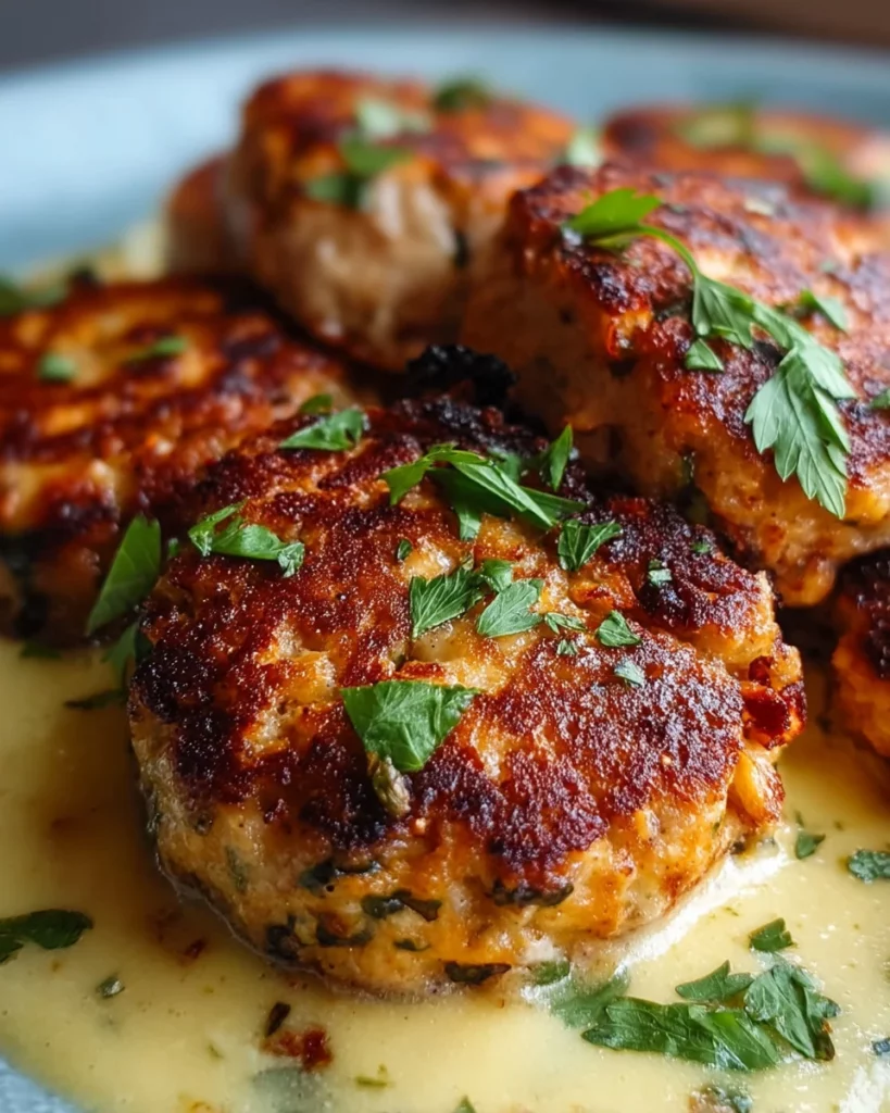Plate of crispy chicken rissoles garnished with herbs