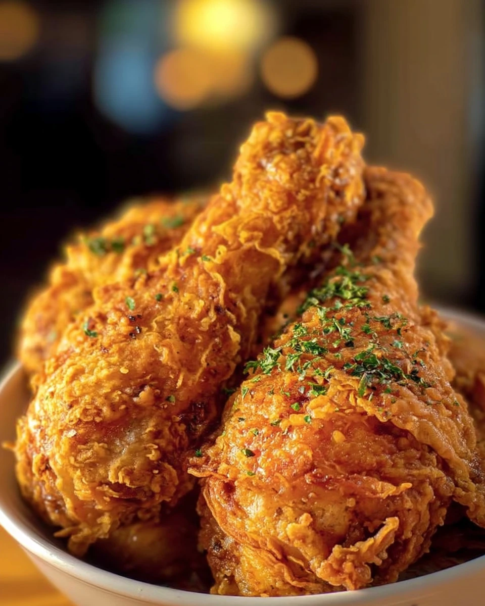 Plate of crispy and crunchy fried chicken with golden-brown coating.