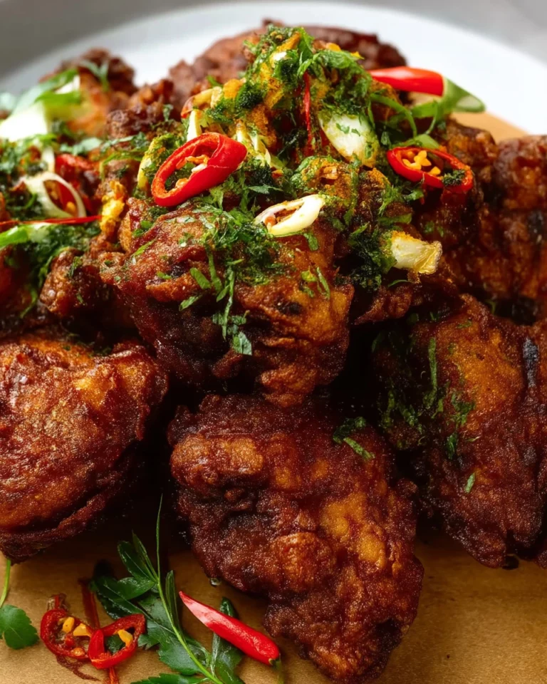 Plate of crispy Malaysian Fried Chicken served with dipping sauce