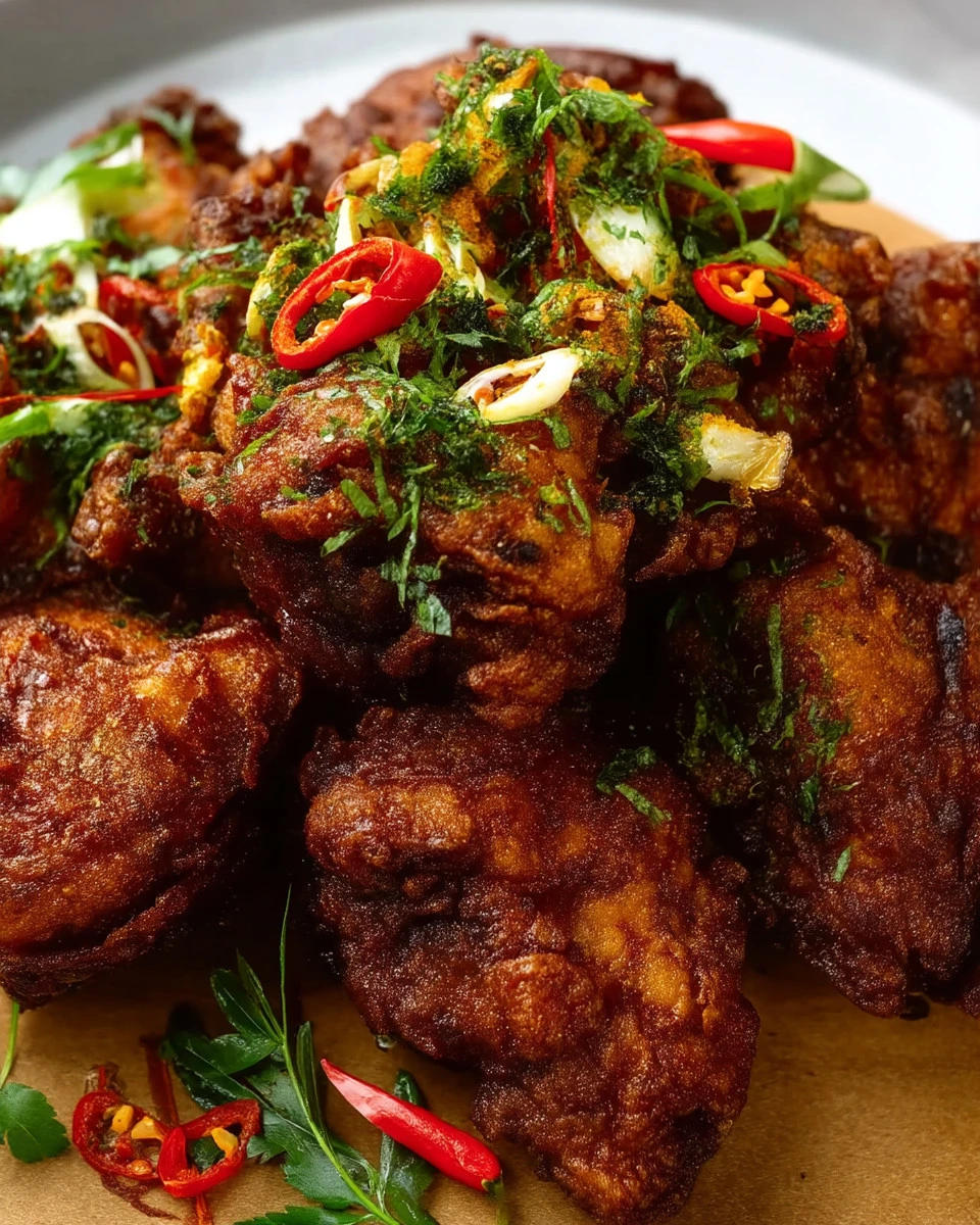 Plate of crispy Malaysian Fried Chicken served with dipping sauce
