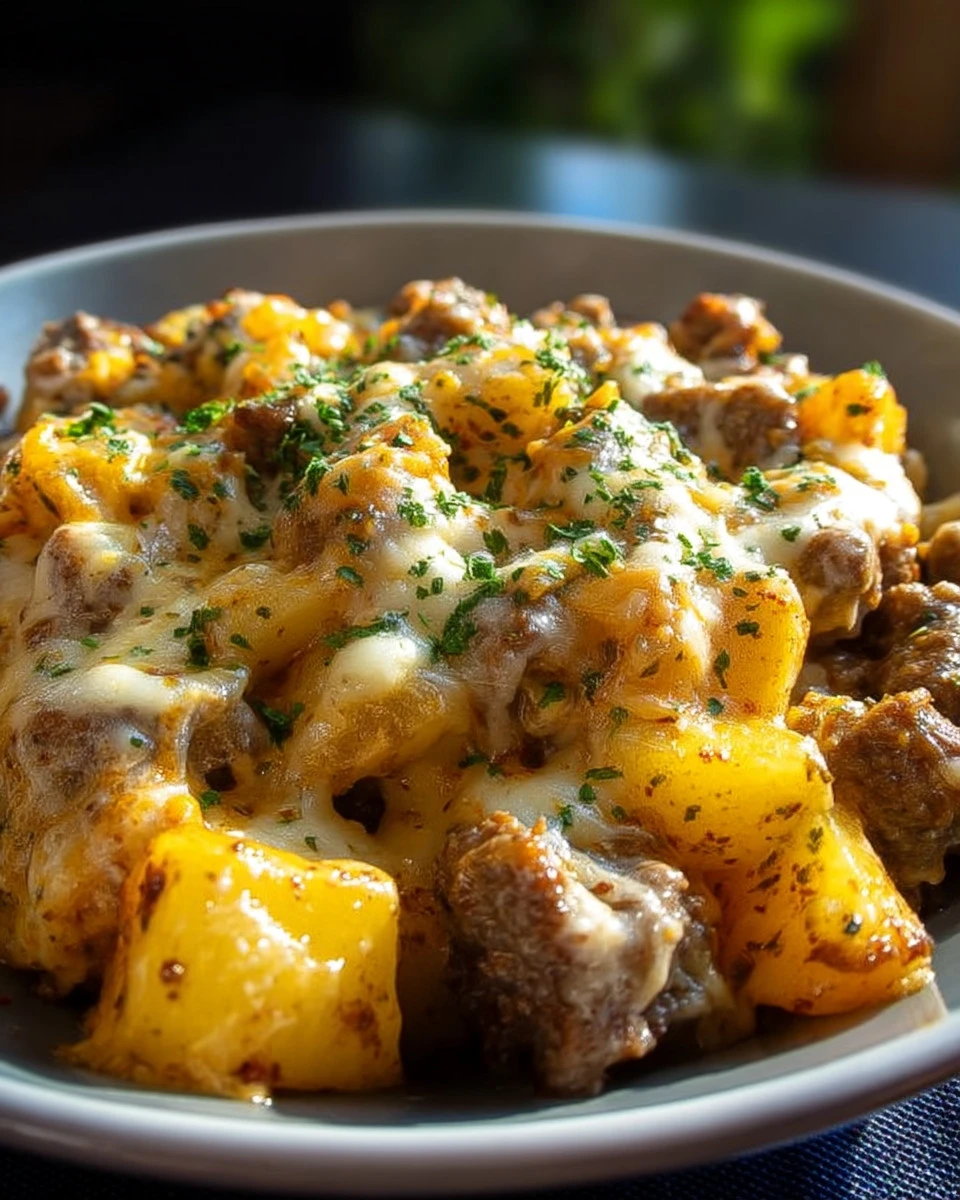 Delicious crockpot cheesesteak potato casserole served in a bowl