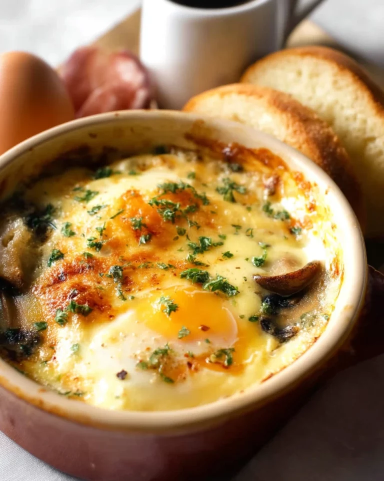 Delicious shirred baked eggs with mushrooms in a ramekin