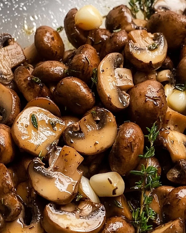 Balsamic marinated mushrooms in a bowl, garnished with herbs.