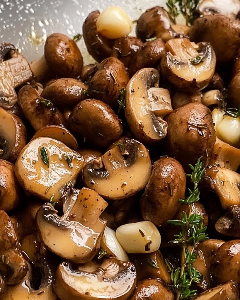 Balsamic marinated mushrooms in a bowl, garnished with herbs.