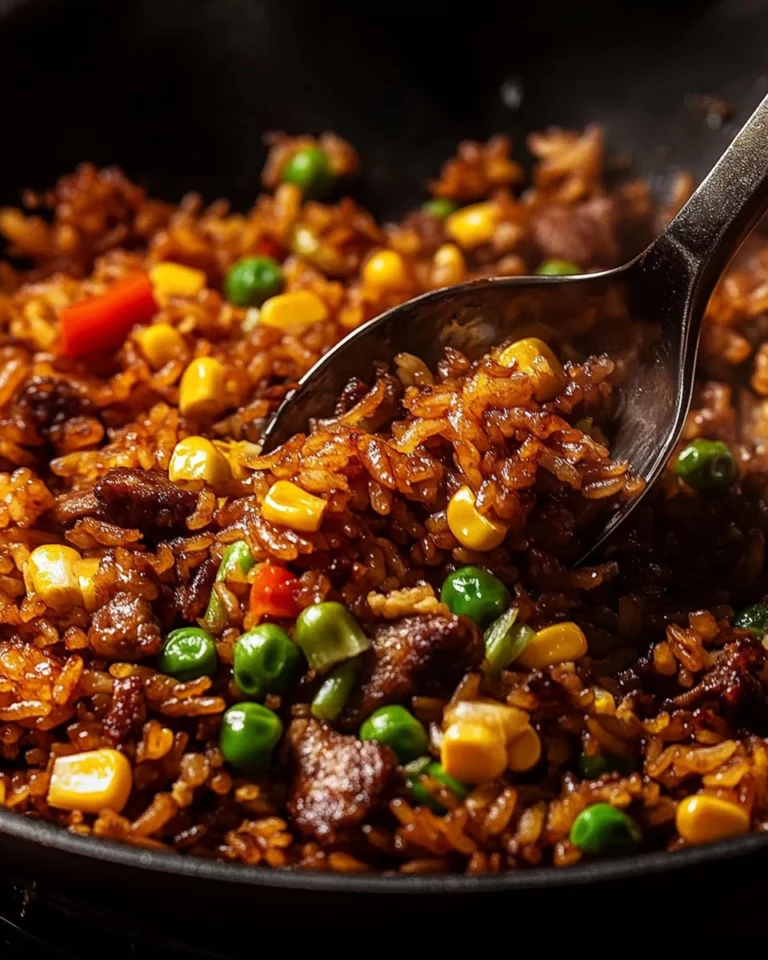Delicious beef fried rice served in a bowl, garnished with green onions