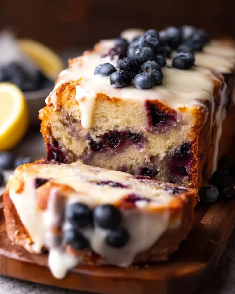 A freshly baked loaf of blueberry bread, showcasing its rich blueberries and golden crust.