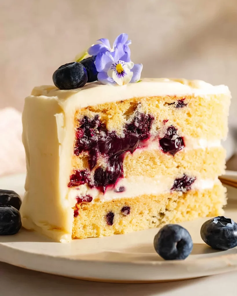 Delicious blueberry cake decorated with lemon frosting on a white plate