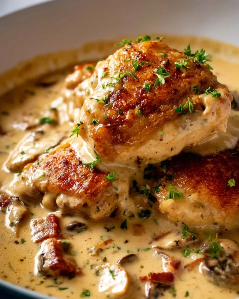 Delicious Chicken Fricassee served with creamy sauce and fresh herbs.