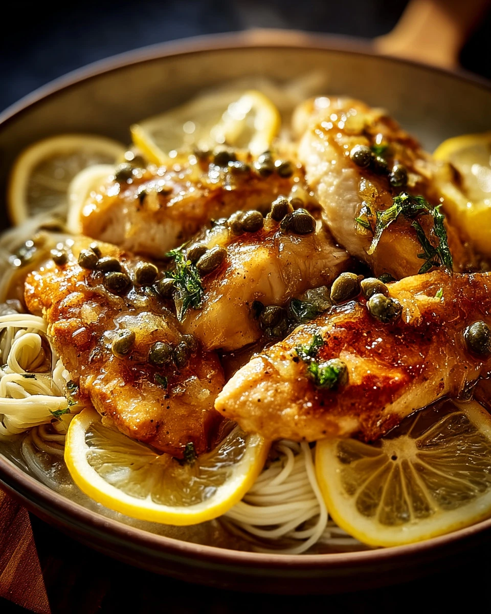 Plate of delicious chicken piccata with lemon slices and capers