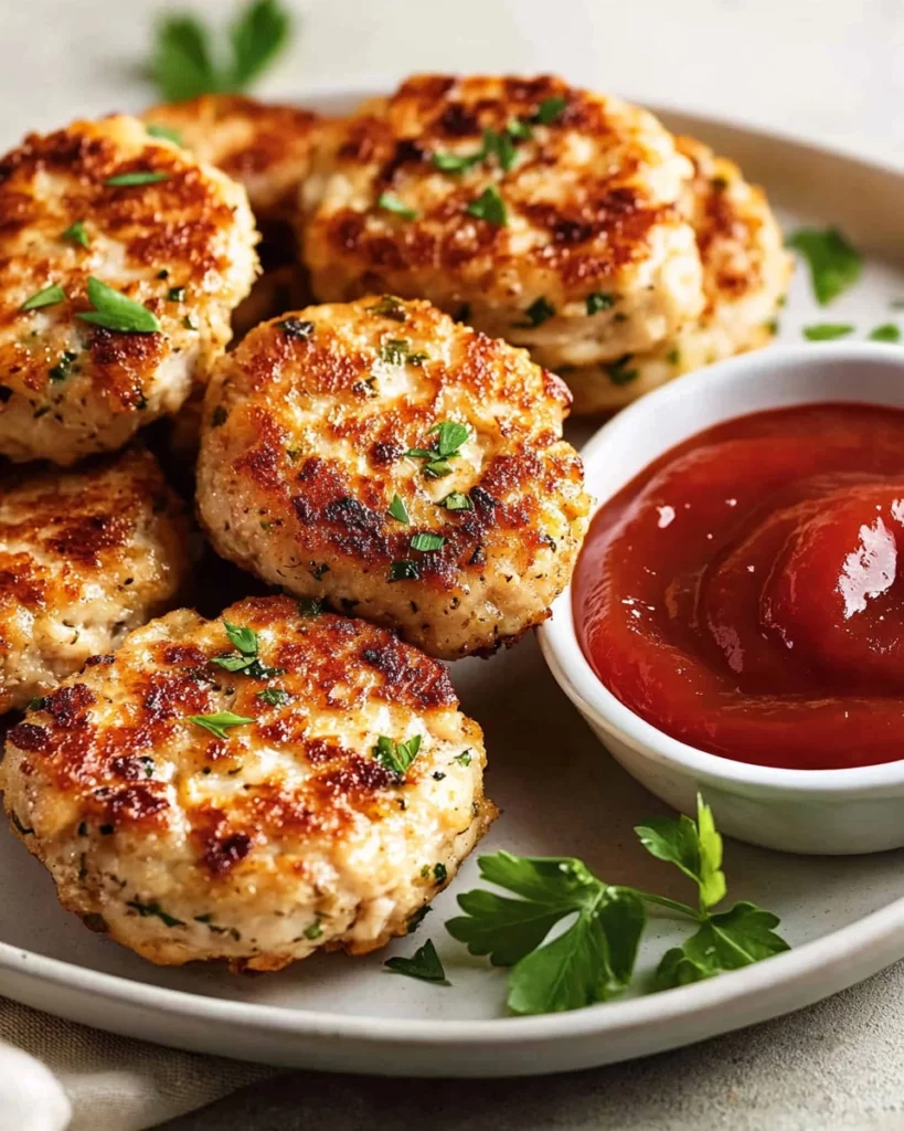 Deliciously cooked chicken rissoles served on a plate with garnish