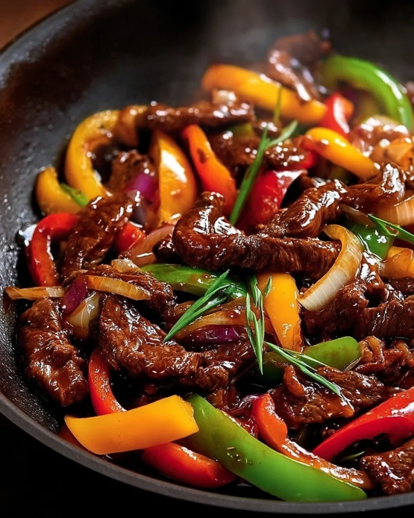 Delicious Chinese pepper steak stir-fry served on a plate with vegetables.