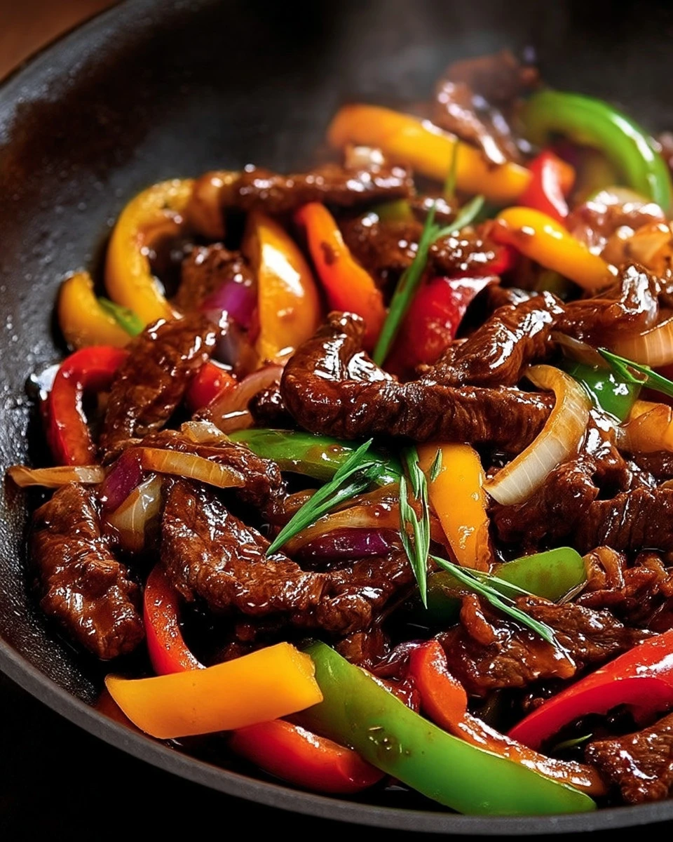 Delicious Chinese pepper steak stir-fry served on a plate with vegetables.