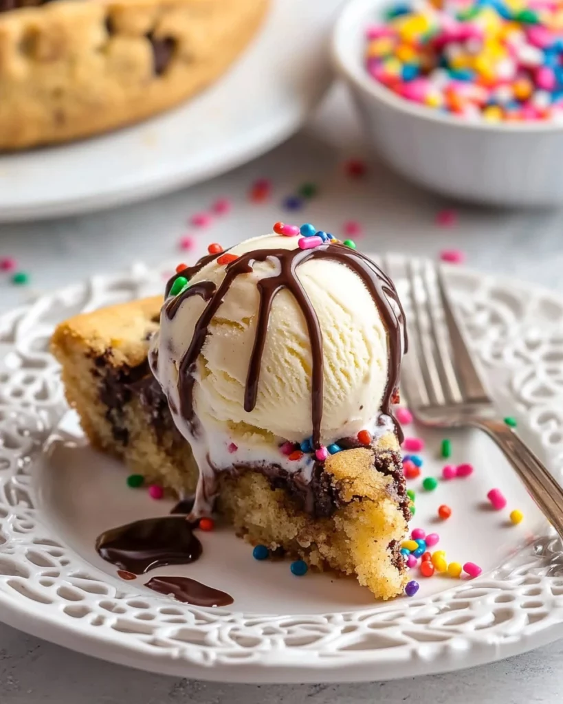 Delicious chocolate chip cookie cake with chocolate chips and whipped cream