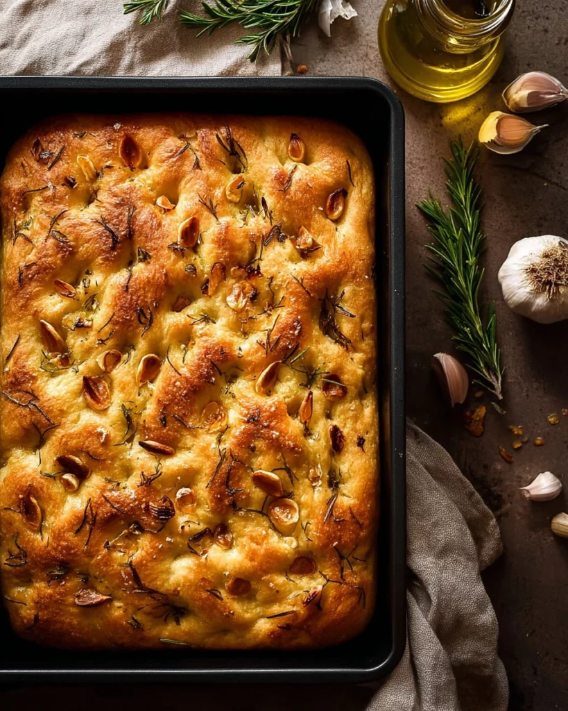 Homemade delicious focaccia bread with herbs and olive oil