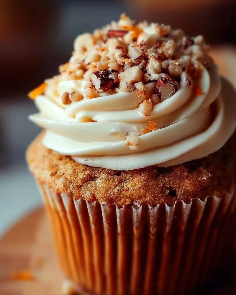 Delicious homemade carrot cupcakes topped with cream cheese frosting