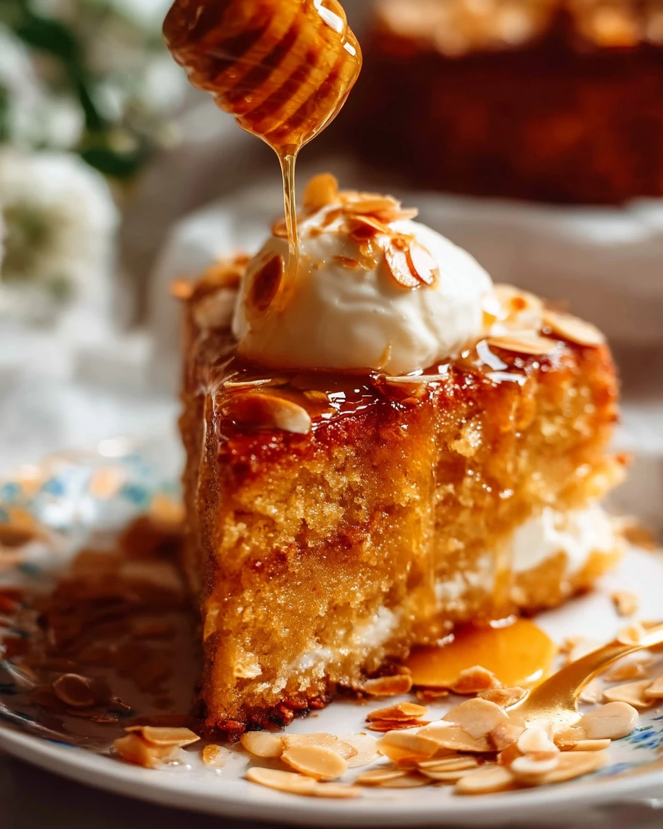 Delicious honey cake topped with drizzled honey and nuts on a white plate.