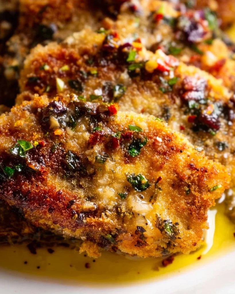 Plate of delicious Italian crusted sardines with herbs and lemon