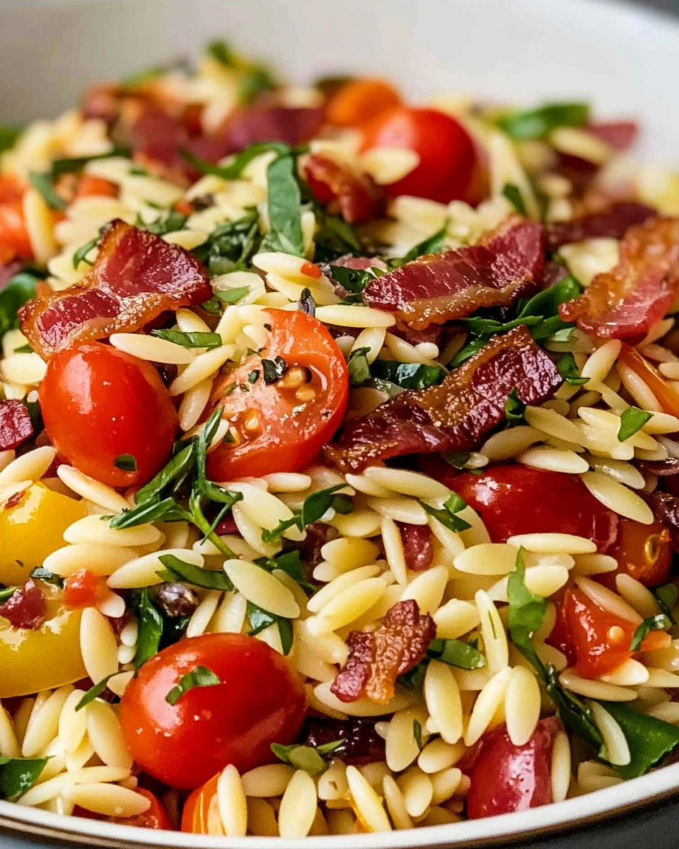 Italian orzo salad with crispy salami bits in a colorful bowl