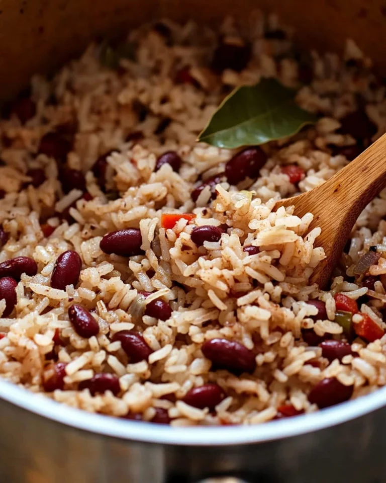 Delicious Jamaican Rice and Peas dish garnished with herbs.