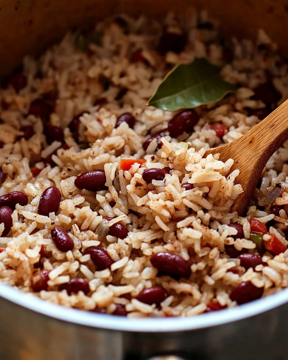 Delicious Jamaican Rice and Peas dish garnished with herbs.