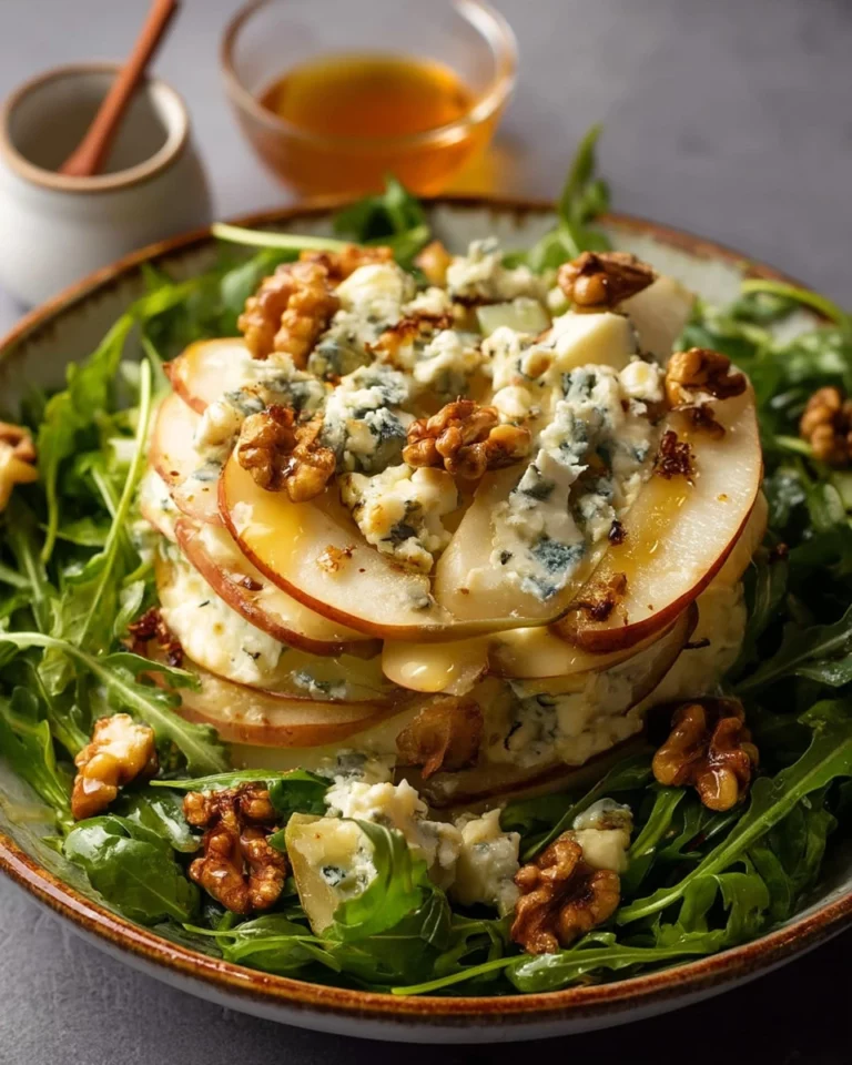 Delicious pear salad with blue cheese and rocket on a white plate