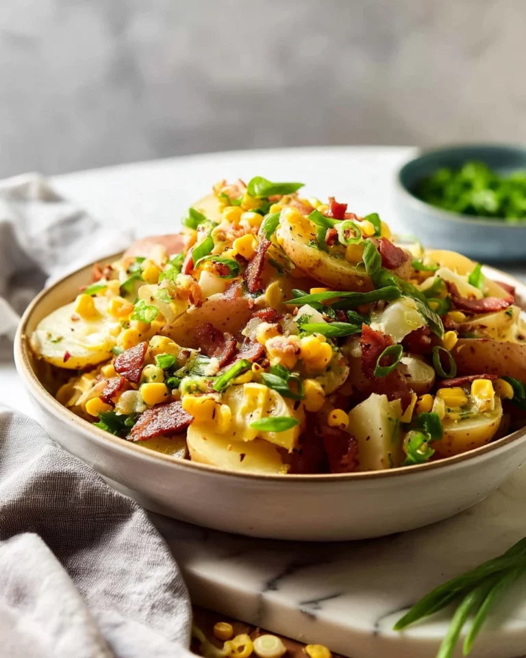 Delicious red potato salad with bacon and corn, served in a bowl