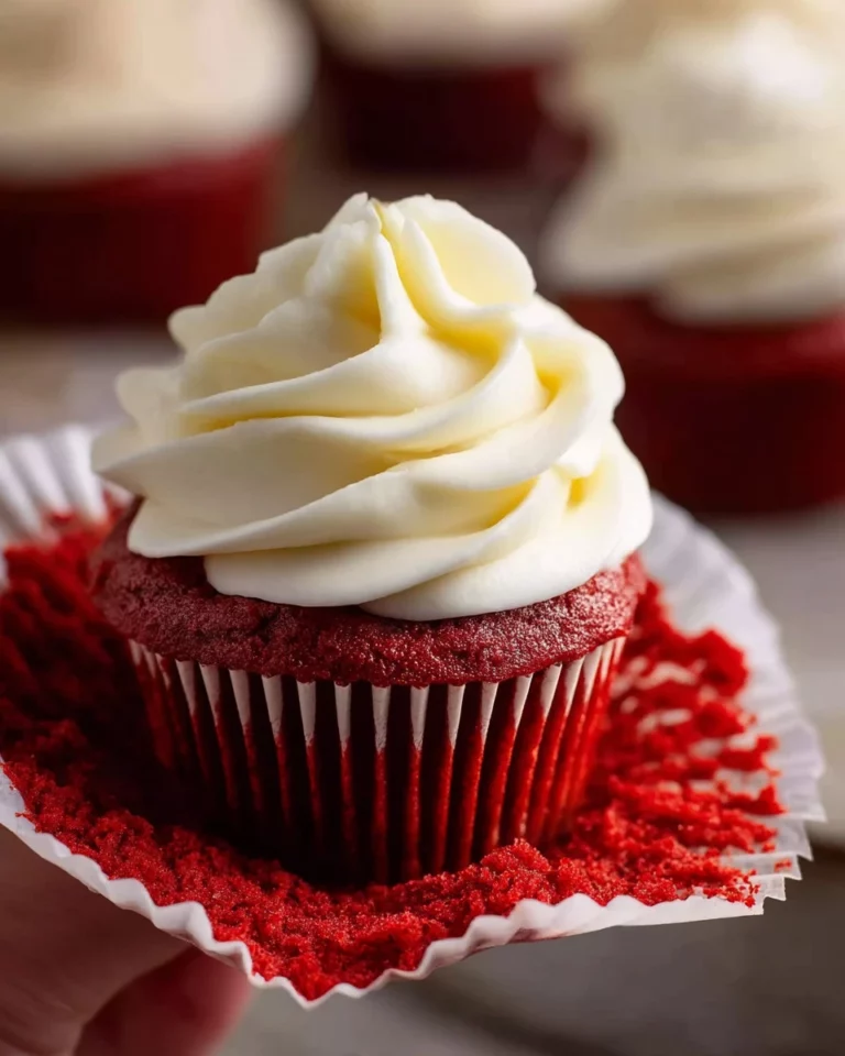 Delicious red velvet cupcakes topped with cream cheese frosting