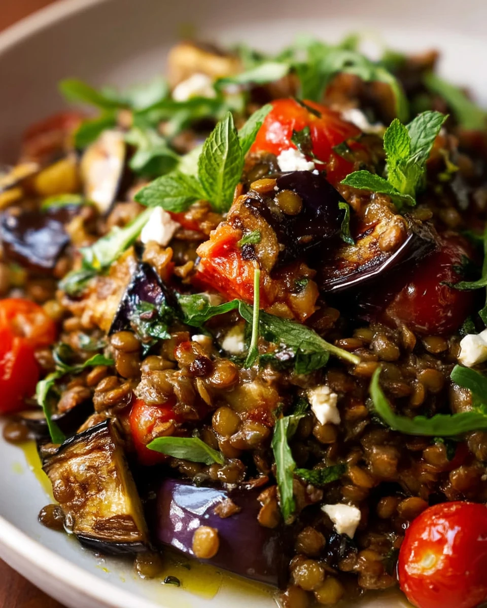 Delicious roasted eggplant lentil salad served in a bowl