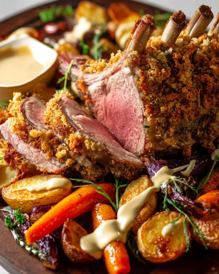 Rosemary crumbed rack of lamb served on a plate with fresh herbs
