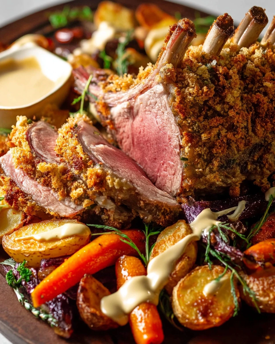 Rosemary crumbed rack of lamb served on a plate with fresh herbs