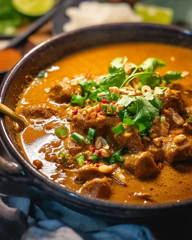 Bowl of delicious satay chicken curry with spices and fresh herbs