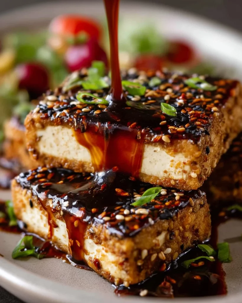 Delicious sesame crusted tofu steaks served with teriyaki sauce