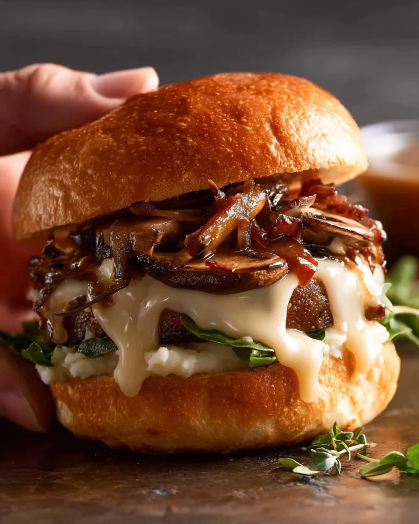 Delicious Swiss Mushroom Burgers topped with sautéed mushrooms and Swiss cheese.